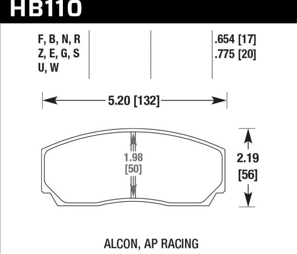 Колодки тормозные HB110B.654 Hawk Street 5.0 AP Racing, Alcon, Proma 4 порш; High Performance Brakes тип 2, для суппорта 4 поршн. 6 поршн; Rotora (17 мм)