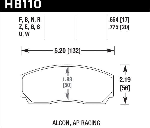 Колодки тормозные HB110N.654 HAWK HP Plus AP Racing, Alcon, Proma 4 порш., HPB тип 2, Rotora (17мм)