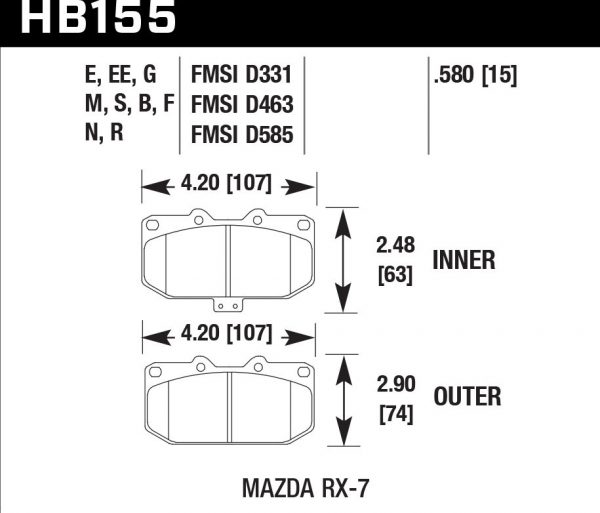 Колодки тормозные HB155F.580 Hawk Performance HPS передние MAZDA RX-7