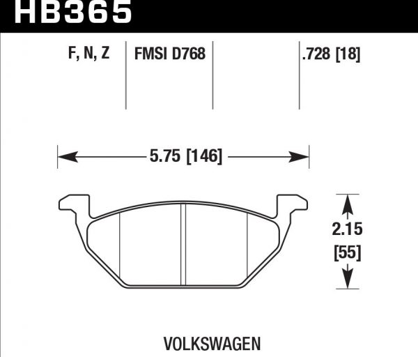 Колодки тормозные HB365Z.728A HAWK PC передние AUDI / VW комплектация с двигателями 1.6i