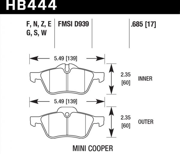 Колодки тормозные HB444Z.685 Hawk Performance PC передние MINI COOPER, Cooper, Cooper S, One до 2006 г.в. (кроме John Cooper Works)