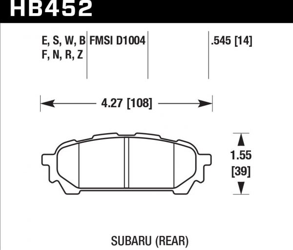 Колодки тормозные HB452F.545 HAWK HPS задние Subaru Forester 2002-> /Impreza (non WRX STI) /Legacy III, IV, V /Outback