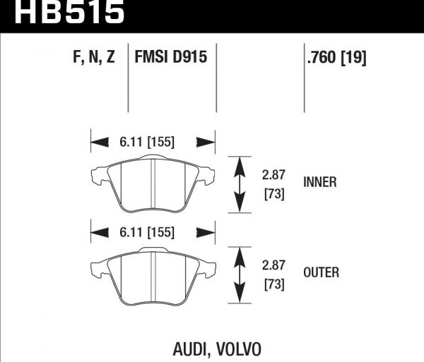 Колодки тормозные HB515F.760 Hawk Performance HPS передние Audi / VW после 2002 г. в.