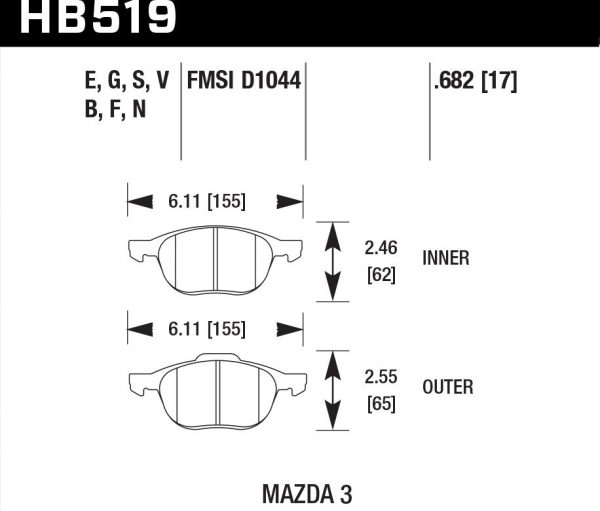 Колодки тормозные HB519N.682 HAWK HP Plus Volvo, Mazda 3, Ford Focus