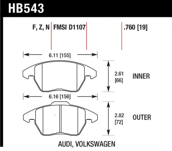 Колодки тормозные HB543F.760 Hawk Performance HPS передние AUDI A3 / VW Golf 5,6 , Passat CC, B6, B7