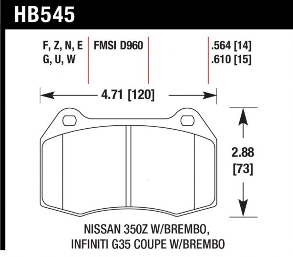 Колодки тормозные HB545N.564 Hawk Performance HP+ передние INFINITI G35 / Nissan 350Z (комплектация BREMBO)