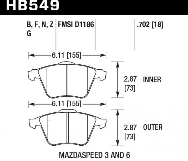 Колодки тормозные HB549F.702 Hawk Performance HPS передние MAZDA 3 MPS, 6 MPS / FORD Focus 2 ST / OPEL VECTRA 2,8T