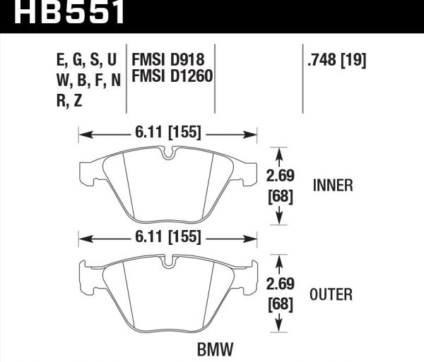 Колодки тормозные HB551B.748 HAWK Street 5.0 передние BMW 3 (E90,91,92) 335i, M3 E90, 5 E60, 6 E63, 7 E65
