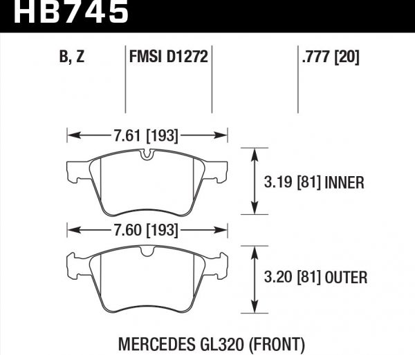 Колодки тормозные HB745Z.777 HAWK PC передние 20мм MB M W164; R W251; GL W164 диск 373 mm.