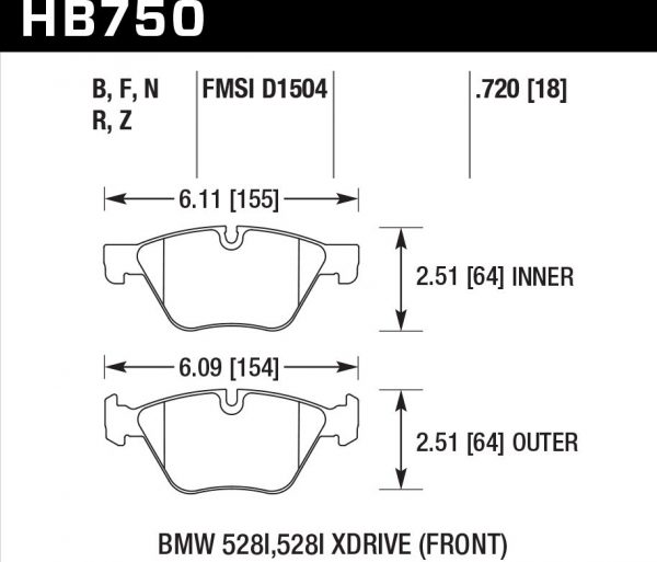 Колодки тормозные HB750F.720 HAWK HPS передние BMW 5 F10, 5 F11, 5 F18 (18 мм)