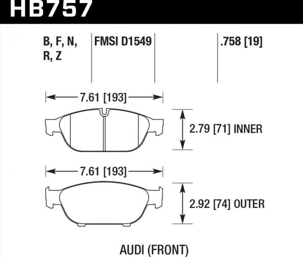 Колодки тормозные HB757F.758 HAWK HPS передние Audi A6 4G2, C7, 4GC ; A7 4GA, 4GF; Allroad 4GH, 4GJ; A8 4H