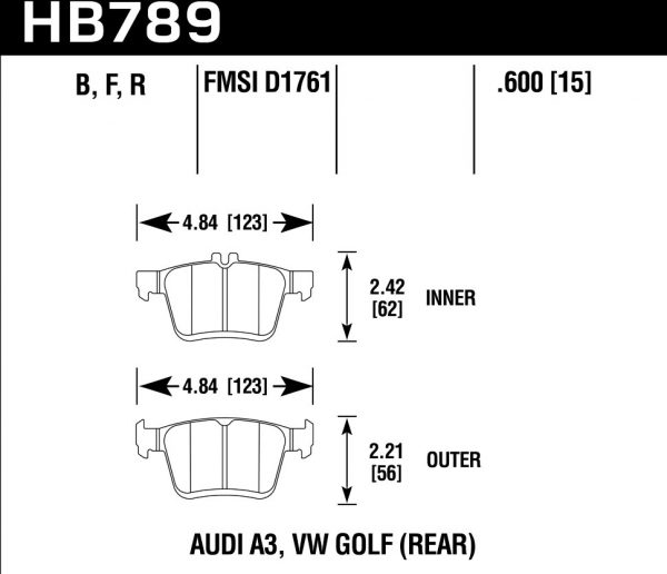 Колодки тормозные HB789F.600 HAWK HPS задние A3 8V, TT 8S, GOLF 7, PASSAT 3G, SKODA SUPERB 3V